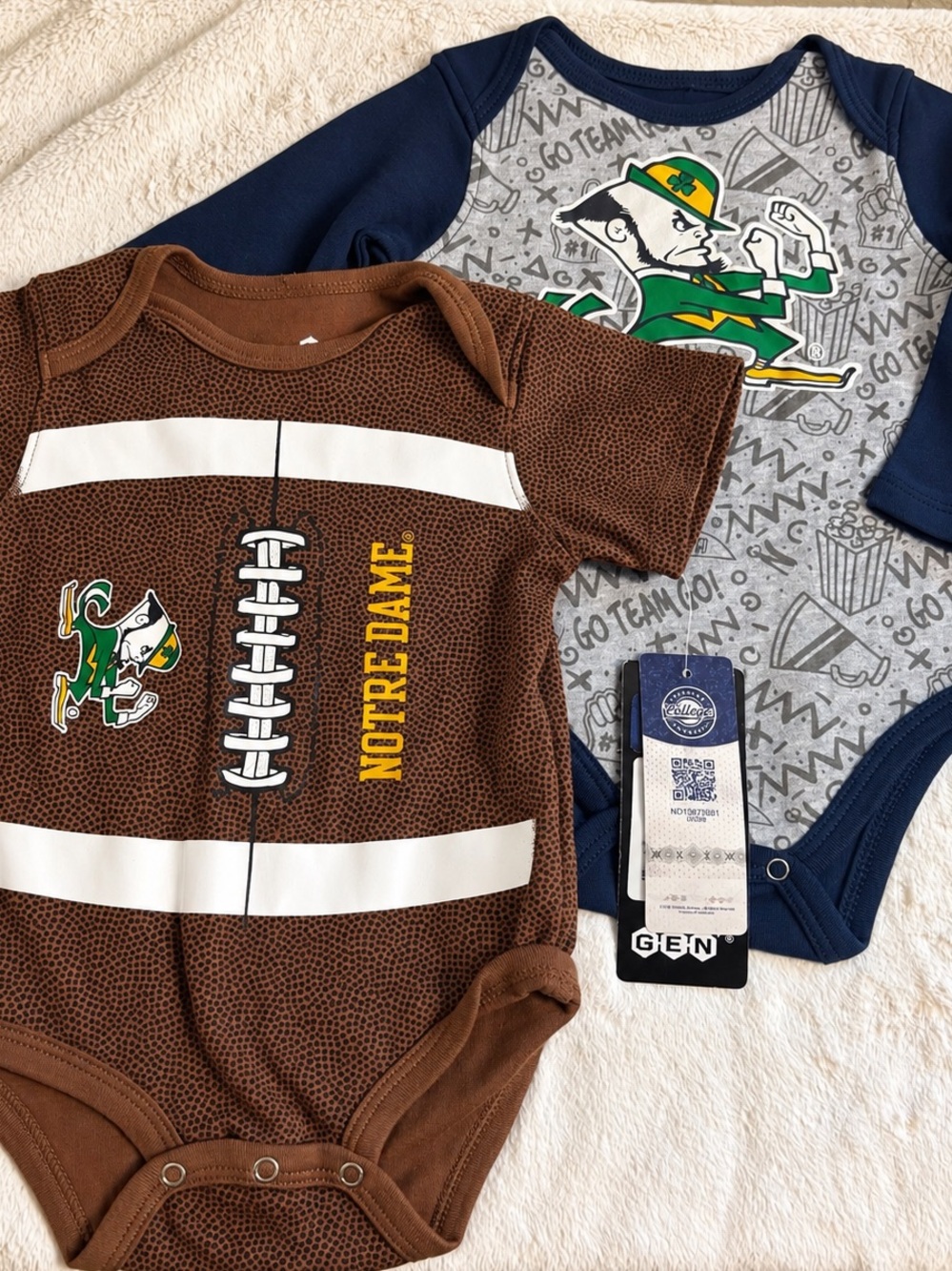 Notre Dame 2pc Baby Bodysuit Set Football Leprechaun 3-6M NWT/ NWOT